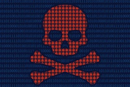 Digital skull symbolizing malware threat.