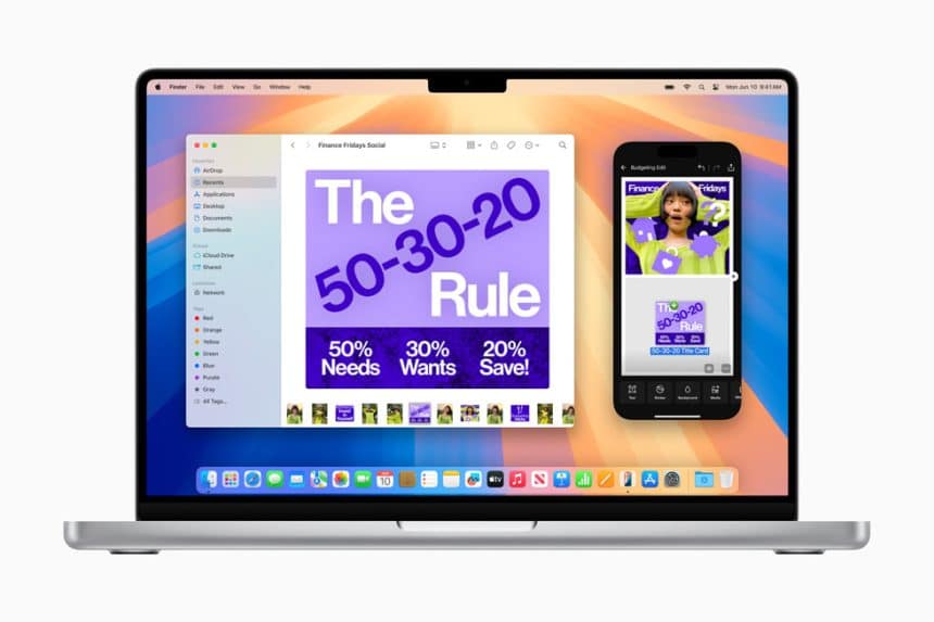 MacBook displaying macOS Sequoia with iPhone mirroring feature.