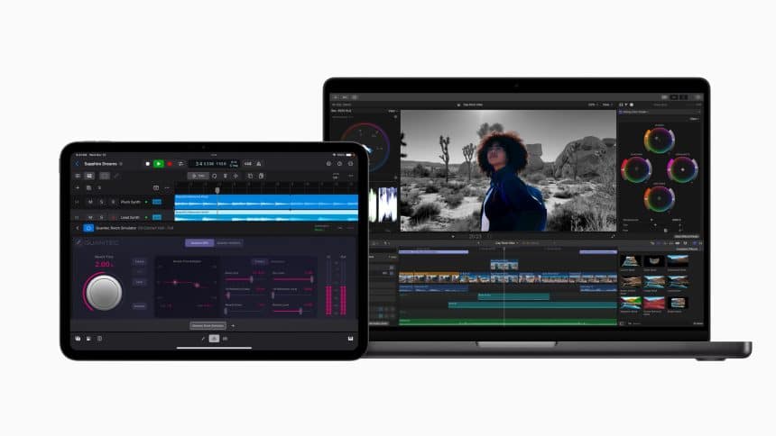 iPad and MacBook showing Final Cut Pro and Logic Pro interfaces.