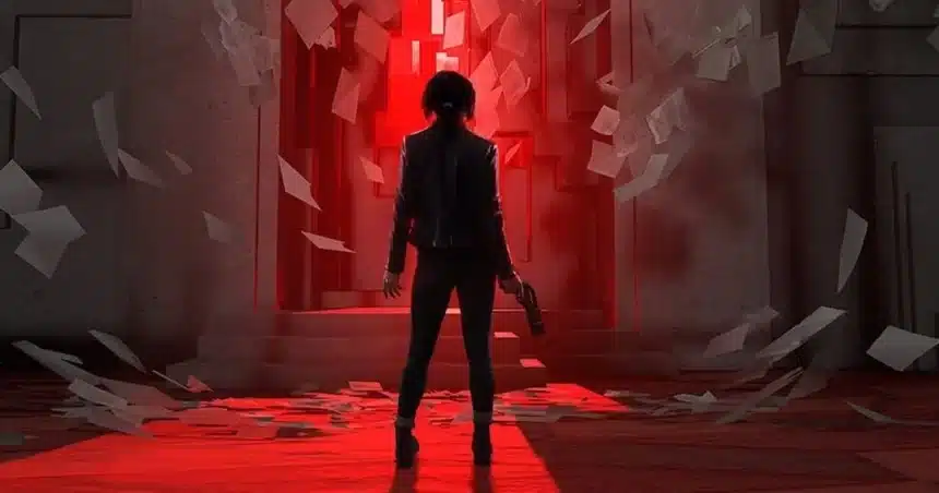 A character standing in front of a glowing red doorway with flying papers.