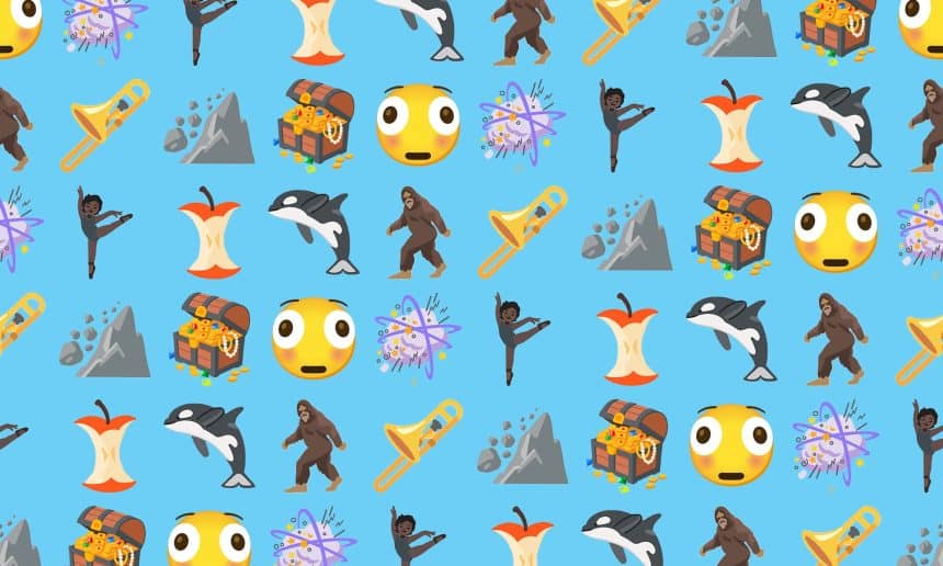 New draft emojis for 2025, including Bigfoot, apple core, and treasure chest.