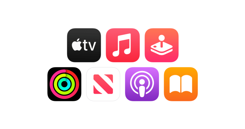 Icons representing Apple services like Apple TV, Music, Arcade, and more.