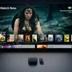 Apple TV interface displaying streaming options with a remote and TV box.
