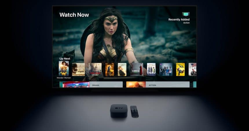 Apple TV interface displaying streaming options with a remote and TV box.