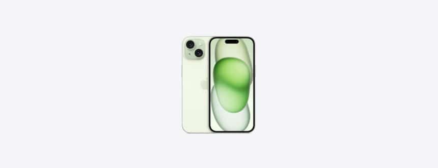 Green iPhone 15 front and back view.