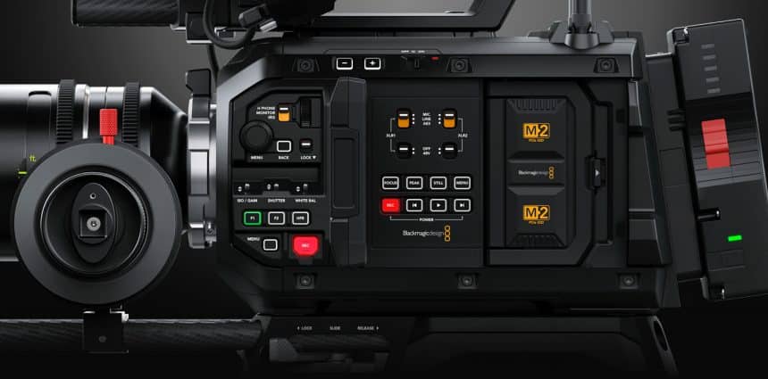Side view of the Blackmagic URSA Cine Immersive Camera.
