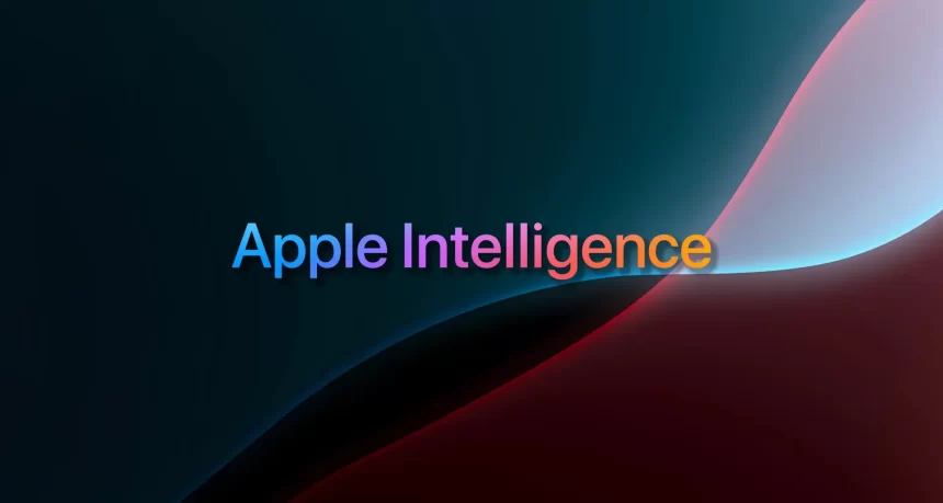 Apple Intelligence logo on a dark gradient background.