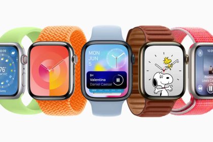 Apple Watch models showcasing various watch faces and colorful bands.