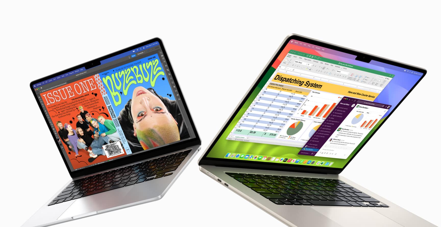 Two MacBook Air laptops with vibrant displays.