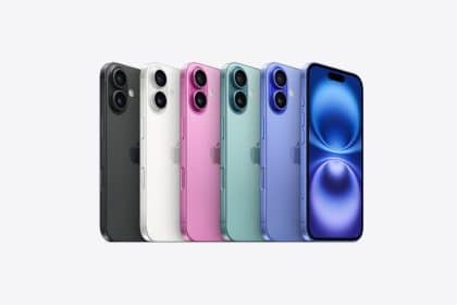 Lineup of iPhone 16 models in various colours.