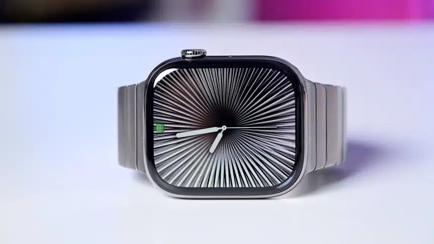 All-glass Apple Watch with a modern design and metallic strap.