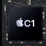 Close-up of Apple’s C1 modem chip inside a device.