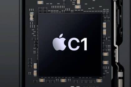 Close-up of Apple’s C1 modem chip inside a device.
