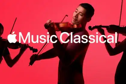Three musicians playing violins with the Apple Music Classical logo on a red background.