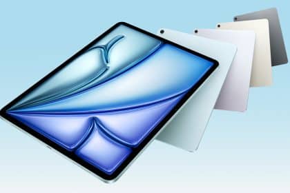 Apple iPad Air in multiple colours displayed against a gradient background.