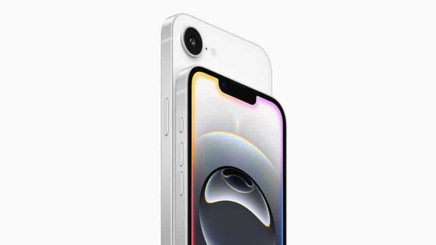 Close-up of Apple's iPhone 16e in white.