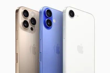 Three iPhone 16 models in gold, blue, and white colours.