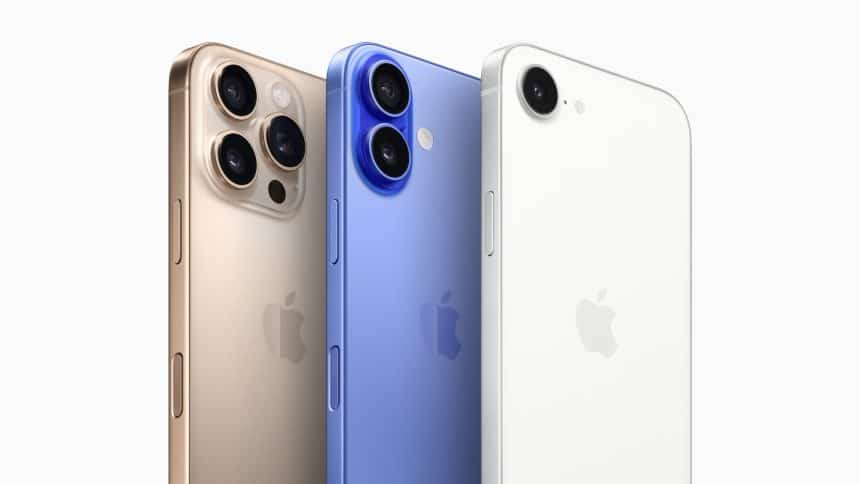 Three iPhone 16 models in gold, blue, and white colours.