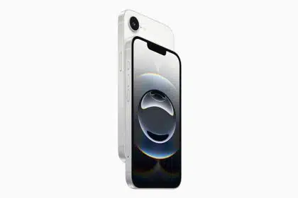 White iPhone 16e displayed from front and back.