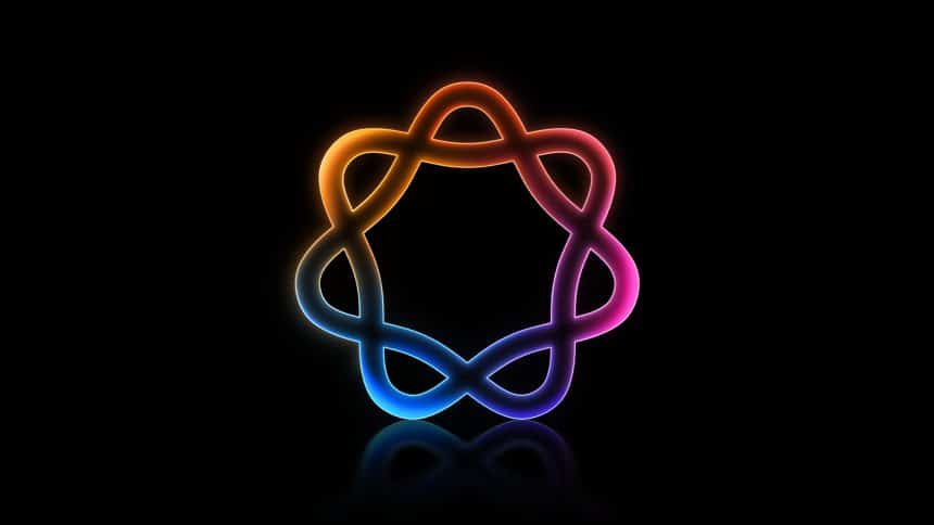 Colourful Apple Intelligence logo on black background.