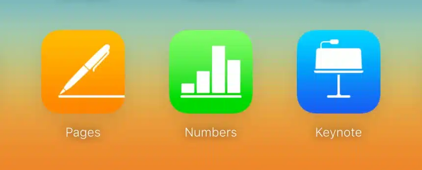 Icons for Apple Pages, Numbers, and Keynote apps.