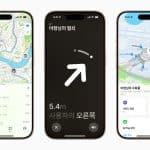 Three iPhones showing Apple’s Find My app interface in Korean.
