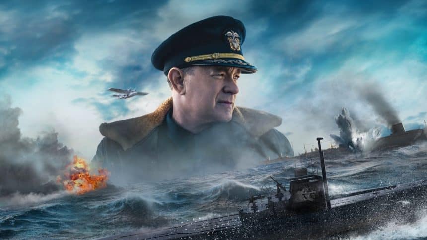 Tom Hanks as a Navy officer in a dramatic sea battle scene from Greyhound.