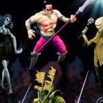 Fantasy warriors and monsters in a dramatic battle scene.