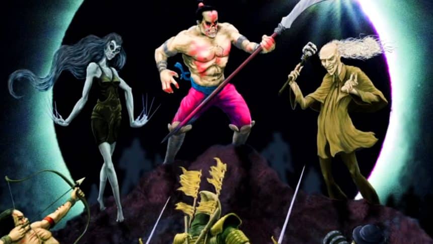 Fantasy warriors and monsters in a dramatic battle scene.