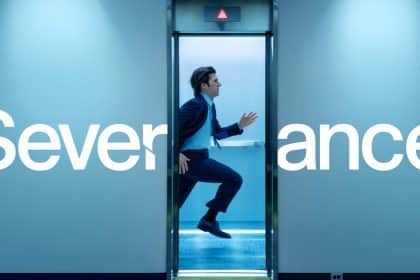 A man runs through an elevator as the word “Severance” appears across the image.