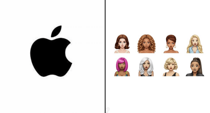 Apple logo next to emoji-style images of female pop stars.