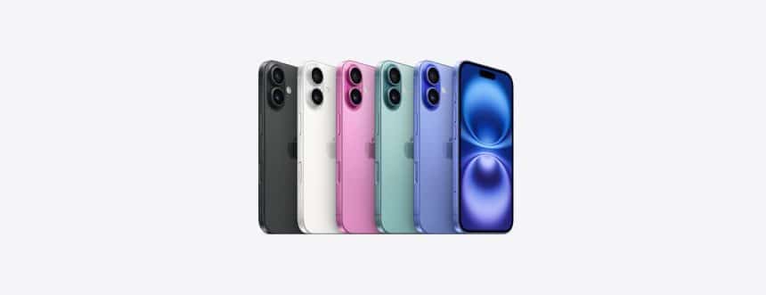 iPhone 16 models in various colours lined up side by side.