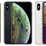 iPhone XS models in gold, black, and silver finishes with vibrant display screens.