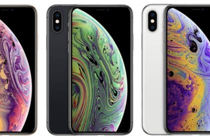 iPhone XS models in gold, black, and silver finishes with vibrant display screens.