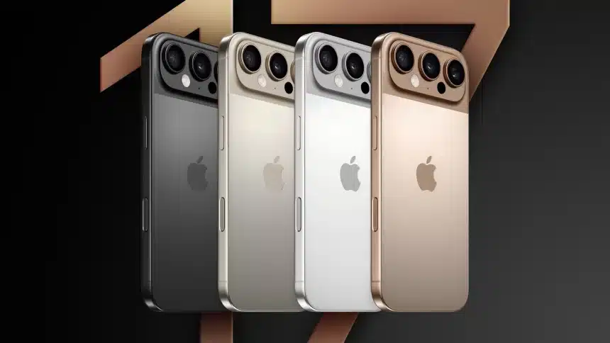 Four iPhone 17 Pro models in different colours displayed side by side.