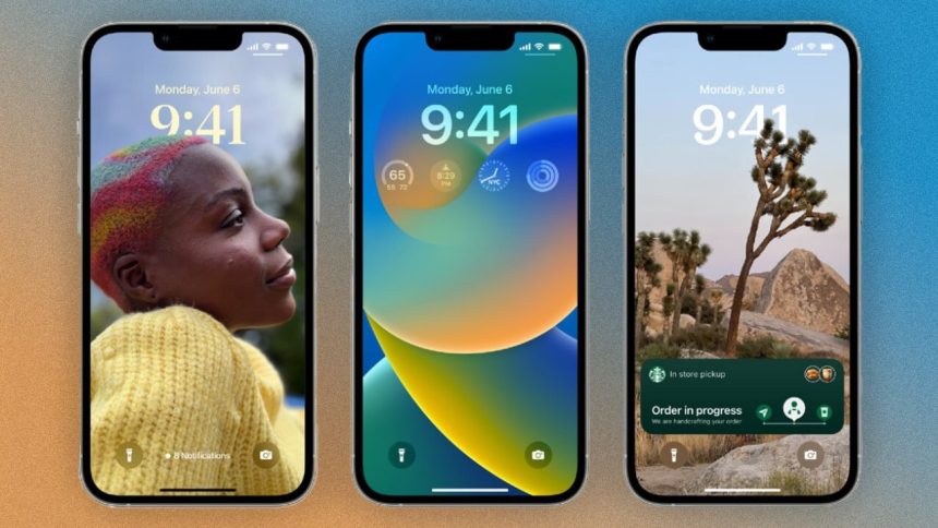 Three iPhones showing different Lock Screens.