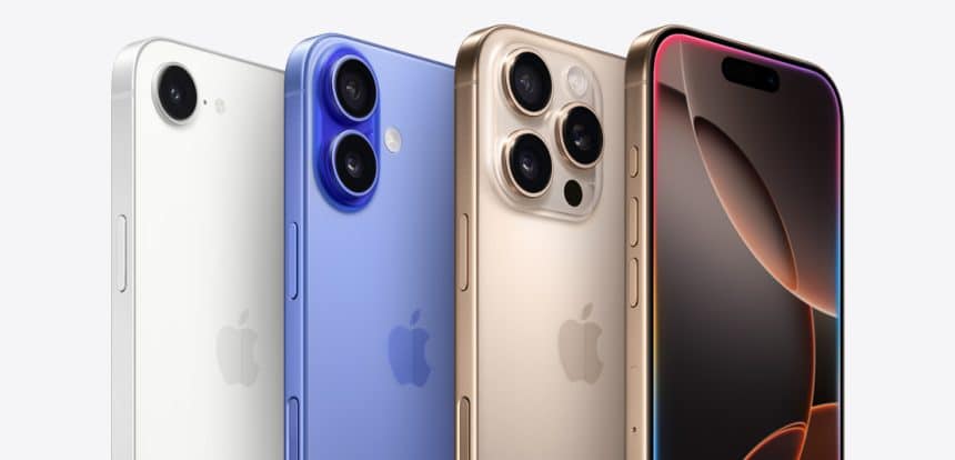 Four iPhone models in different colors shown from back and front angles.