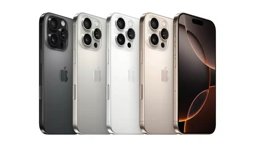 Four iPhone models in different colours displayed side by side.