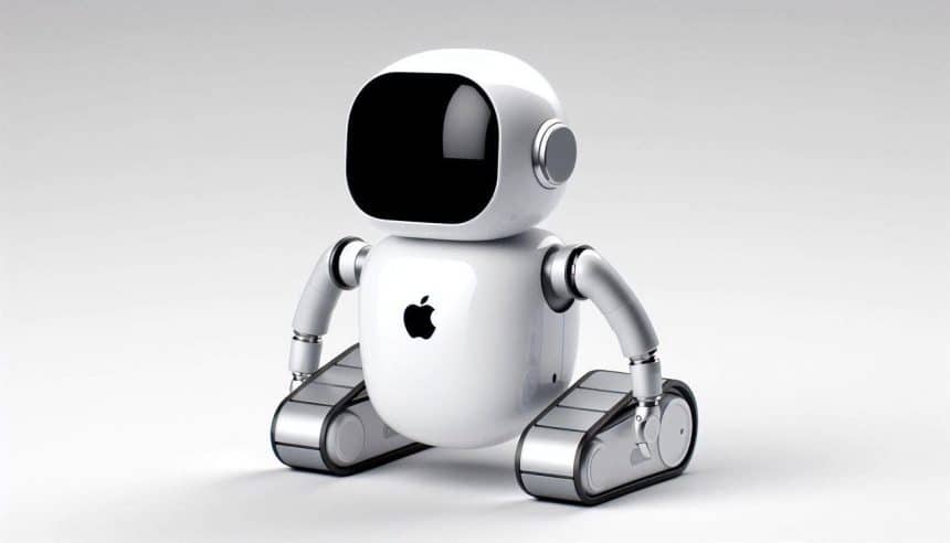 Apple robot concept with white and silver design on a light background.