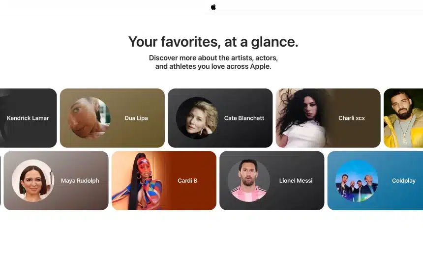 Apple Snapshot website showing profiles of popular artists, actors, and athletes.