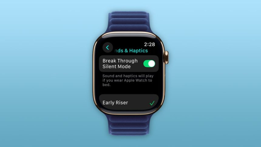 Apple Watch showing the “Break Through Silent Mode” alarm setting.