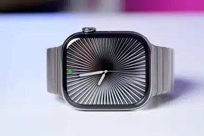 All-glass Apple Watch with a modern radial display face on a metal band.