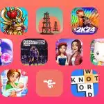 A collection of colorful Apple Arcade game icons displayed on a pink-orange gradient background.