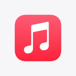 Apple Music app icon with a white music note on a red background.