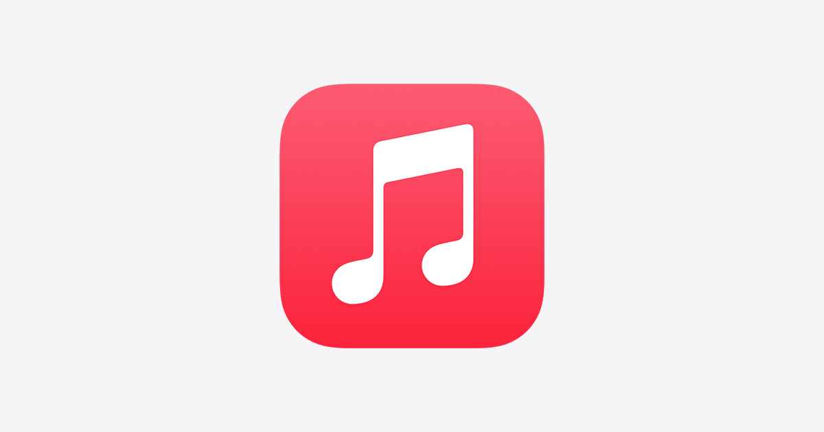 Apple Music app icon with a white music note on a red background.