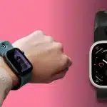 A person wearing an Apple Watch with a camera on the band and another watch displaying video call features.