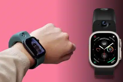 A person wearing an Apple Watch with a camera on the band and another watch displaying video call features.
