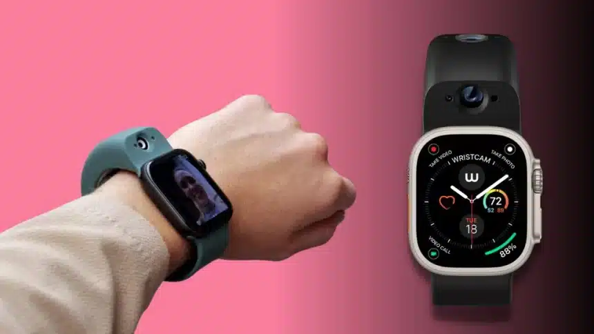A person wearing an Apple Watch with a camera on the band and another watch displaying video call features.