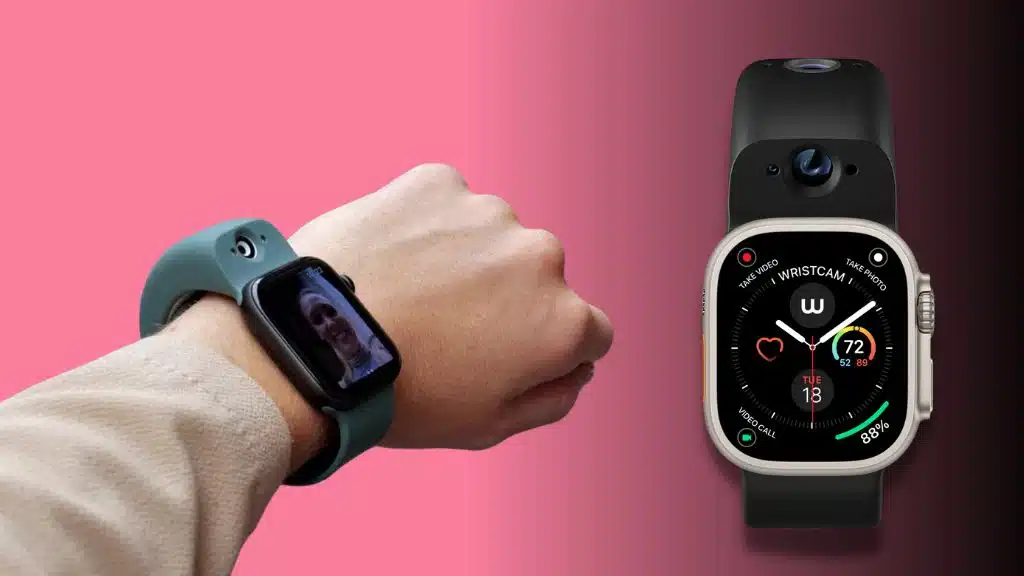 A person wearing an Apple Watch with a camera on the band and another watch displaying video call features.