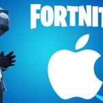 Fortnite character with Apple logo, symbolizing dispute between Epic Games and Apple.